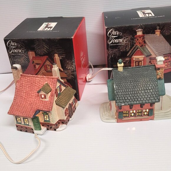 Santa's Best Our Town Porcelain First Edition Set 2 Lighted 1993 Village Houses - Picture 2 of 6
